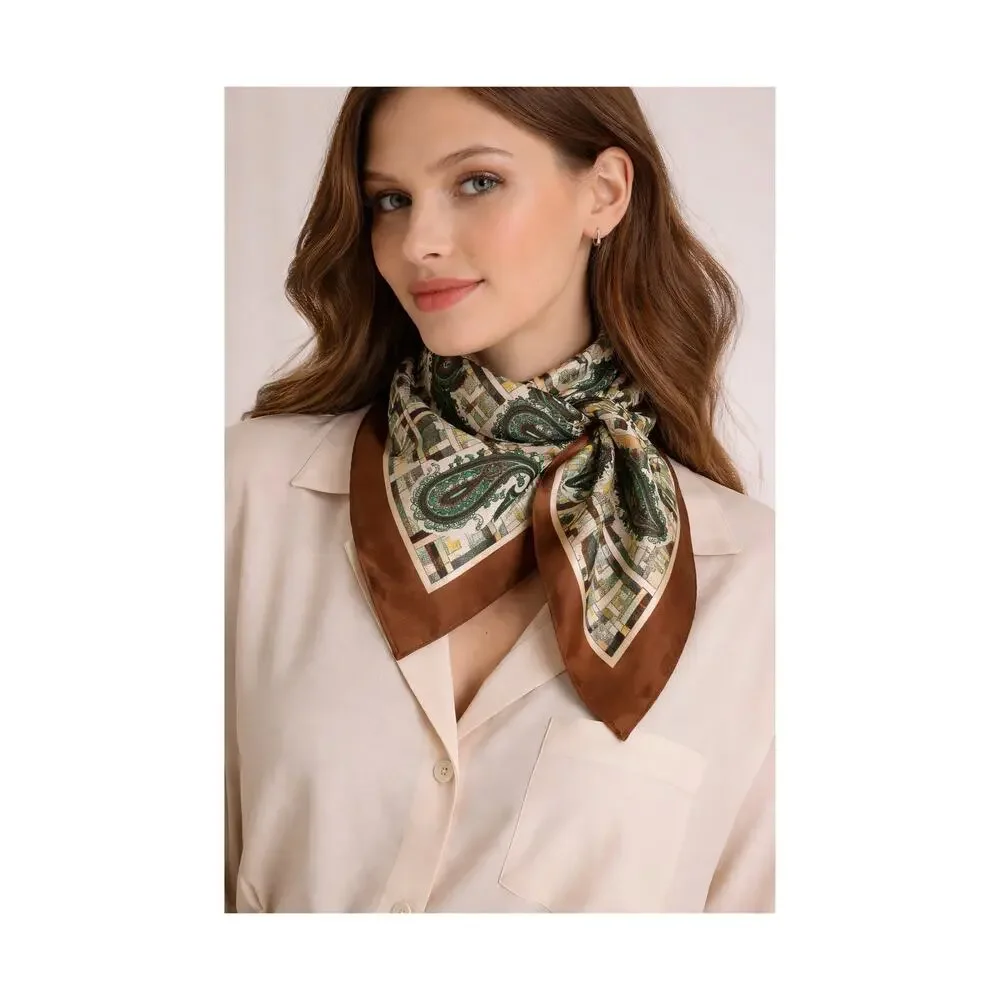 Vintage Scarf Green Brown Paisley Plaid Hand Rolled Polyester Retro Mod 26 1970s